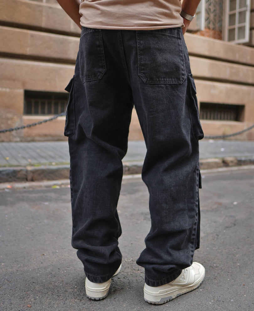 Carbon Black Baggy Fit Cargo Denim Jeans with Patch Pockets
