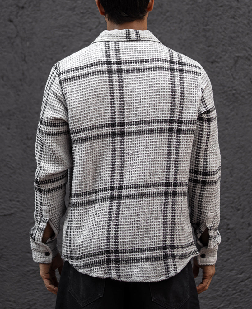 Grey And Black Stripe Waffle Checks Regular Fit Full Sleeves Shirt