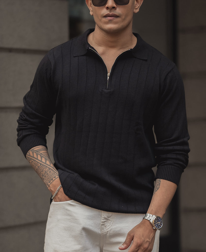 Black Knitted Regular Fit Full Sleeves T Shirt