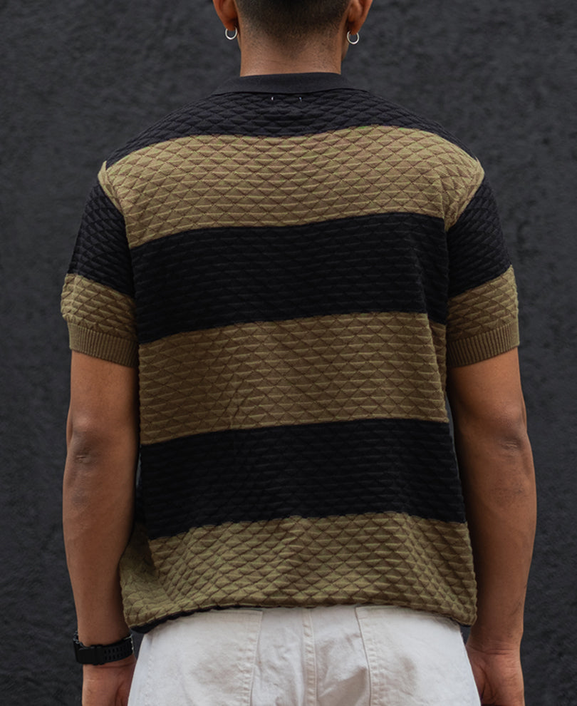 Olive Green and Black Structured Striped Regular Half Sleeves T Shirt