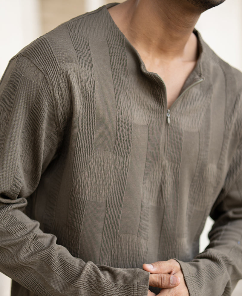 Olive Green Structured Full Sleeves Regular Fit T-Shirt