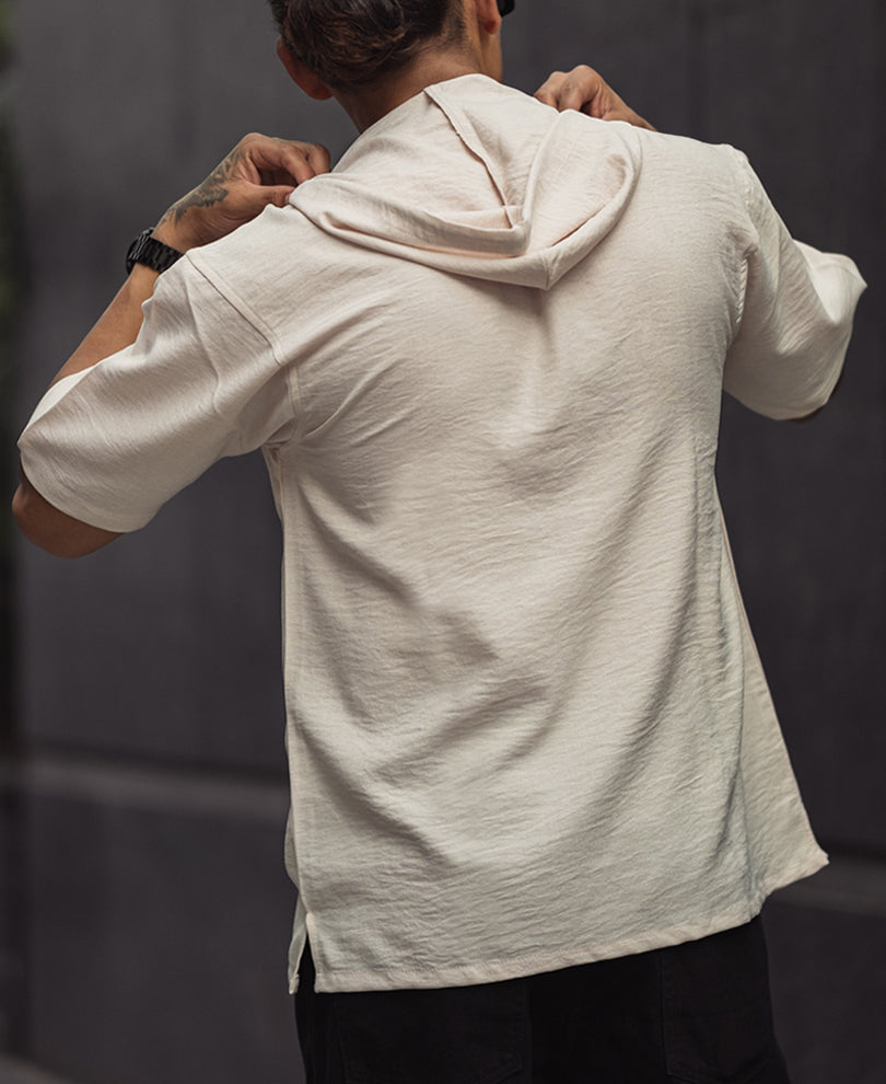 Beige Oversized Hooded Pocket Half Sleeves T-Shirt