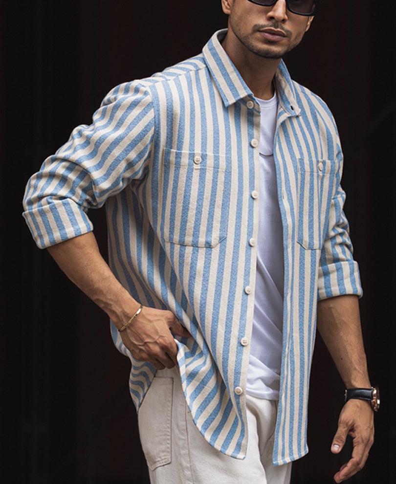 Blue And White Stripes Regular Fit Full Sleeves Shirt