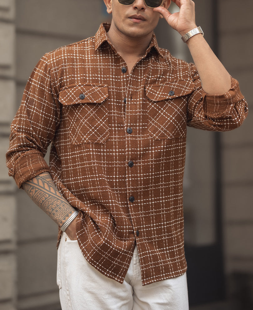 Brown Check Regular Fit Full Sleeves Shirt