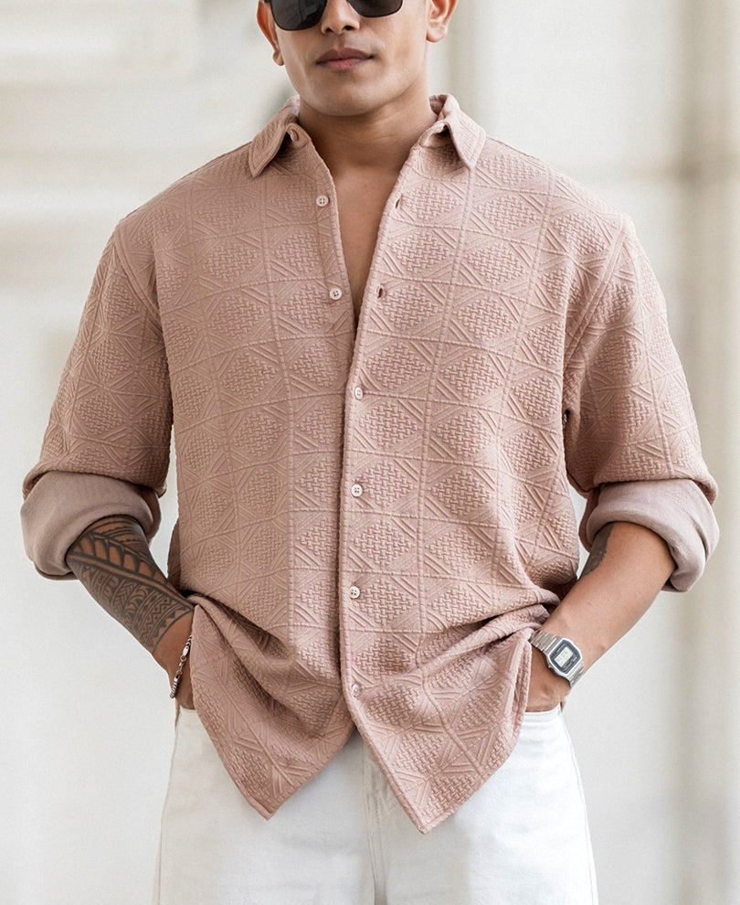 Beige Structured Full Sleeves Regular Fit Shirt