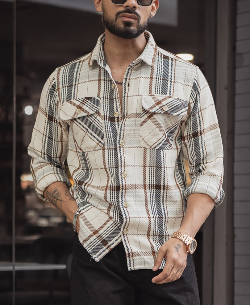 Beige Checked Regular Fit Full Sleeves Shirt