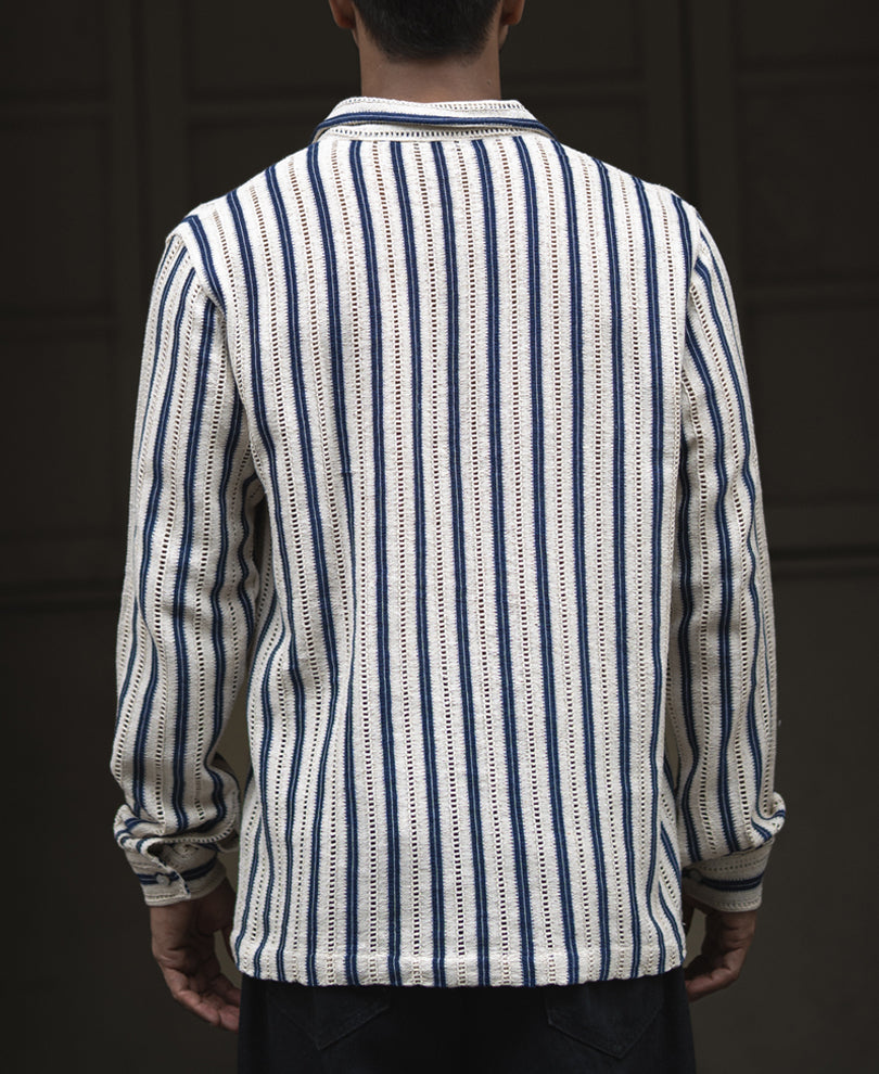 Beige And Navy Blue Striped Regular Fit Full Sleeves Kurta Style Shirt