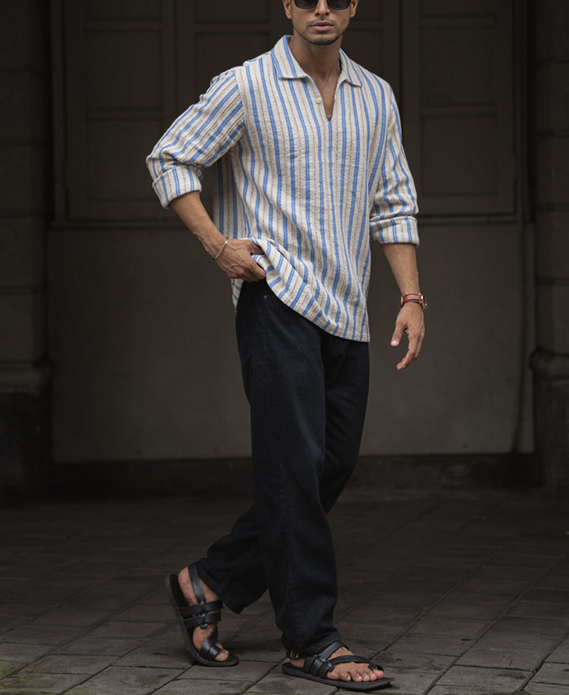 Beige And Sky Blue Striped Regular Fit Full Sleeves Kurta Style Shirt