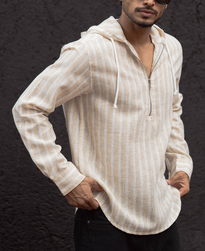 White And Beige Stripes Regular Fit Hoodie Style Shirt