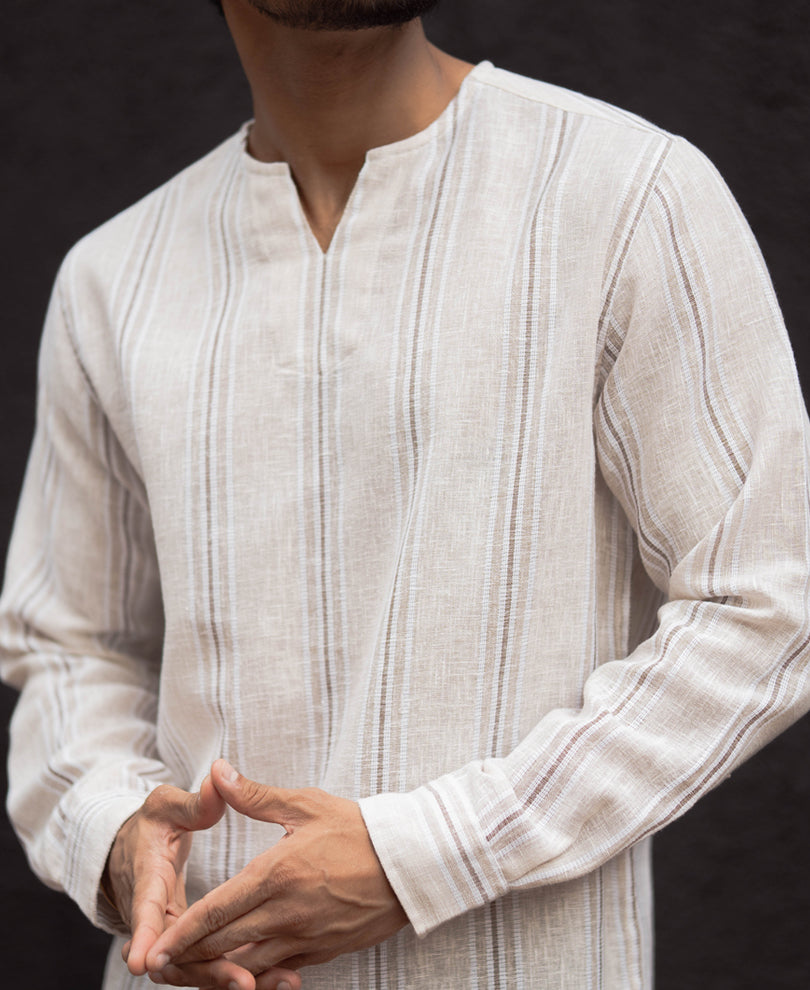 Beige Stripe Regular Fit Kurta Style Shirt
