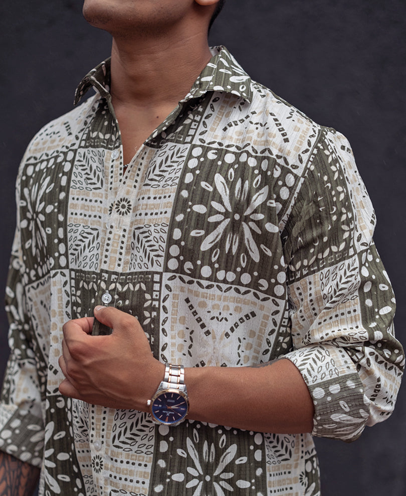 Green Floral Printed Regular Fit Full Sleeves Shirt