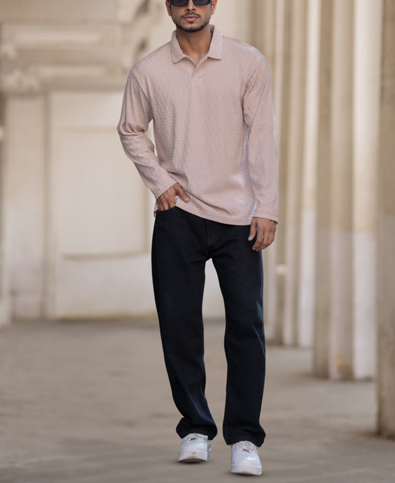 Beige Structured Regular Fit Full Sleeves Polo T-Shirt