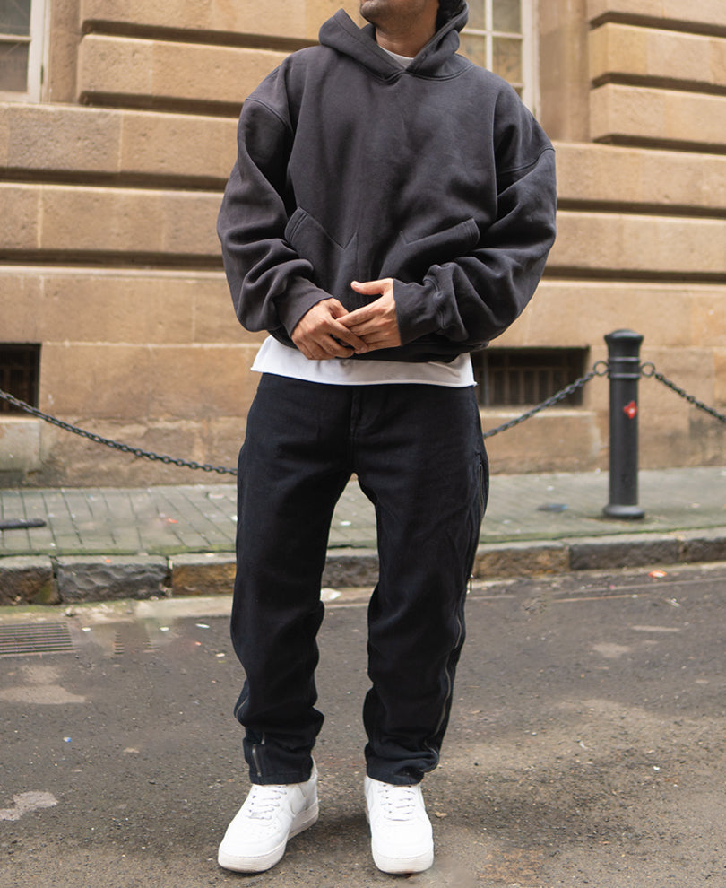 Carbon Black Baggy Fit Denim Jeans with Side Chains