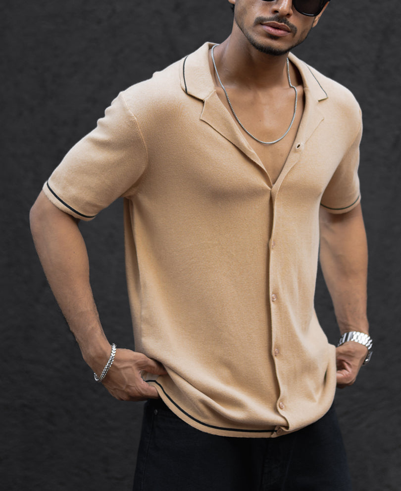 Beige Regular Fit Half Sleeves Shirt
