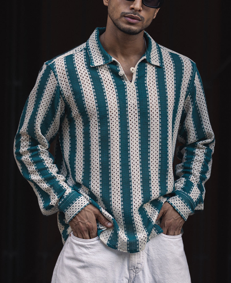 Sea Green and Off White Crochet Striped Regular Fit Full Sleeve Shirt
