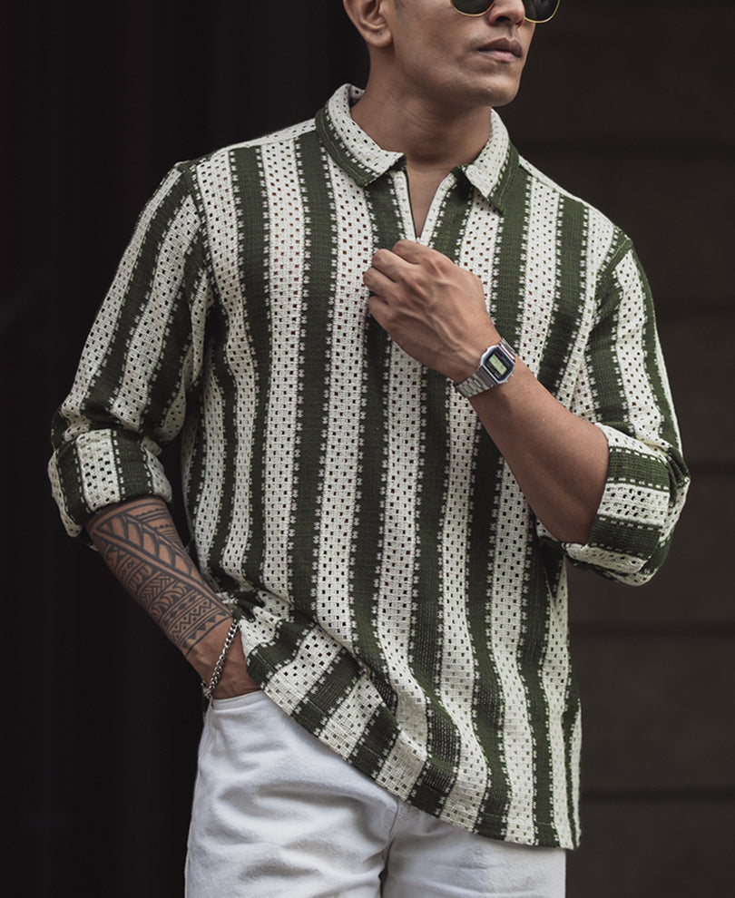 Forest Green & Off White Crochet Striped Regular Fit Full Sleeve Shirt