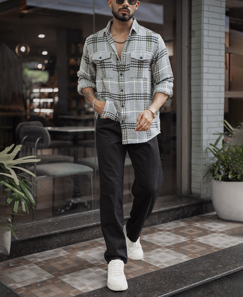 Grey Double Pocket Regular Fit Full Sleeves Shirt