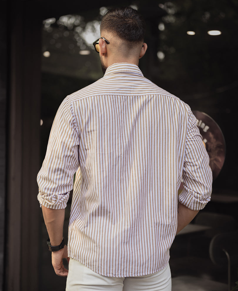 Beige And White Stripes Regular Fit Full Sleeves Shirt