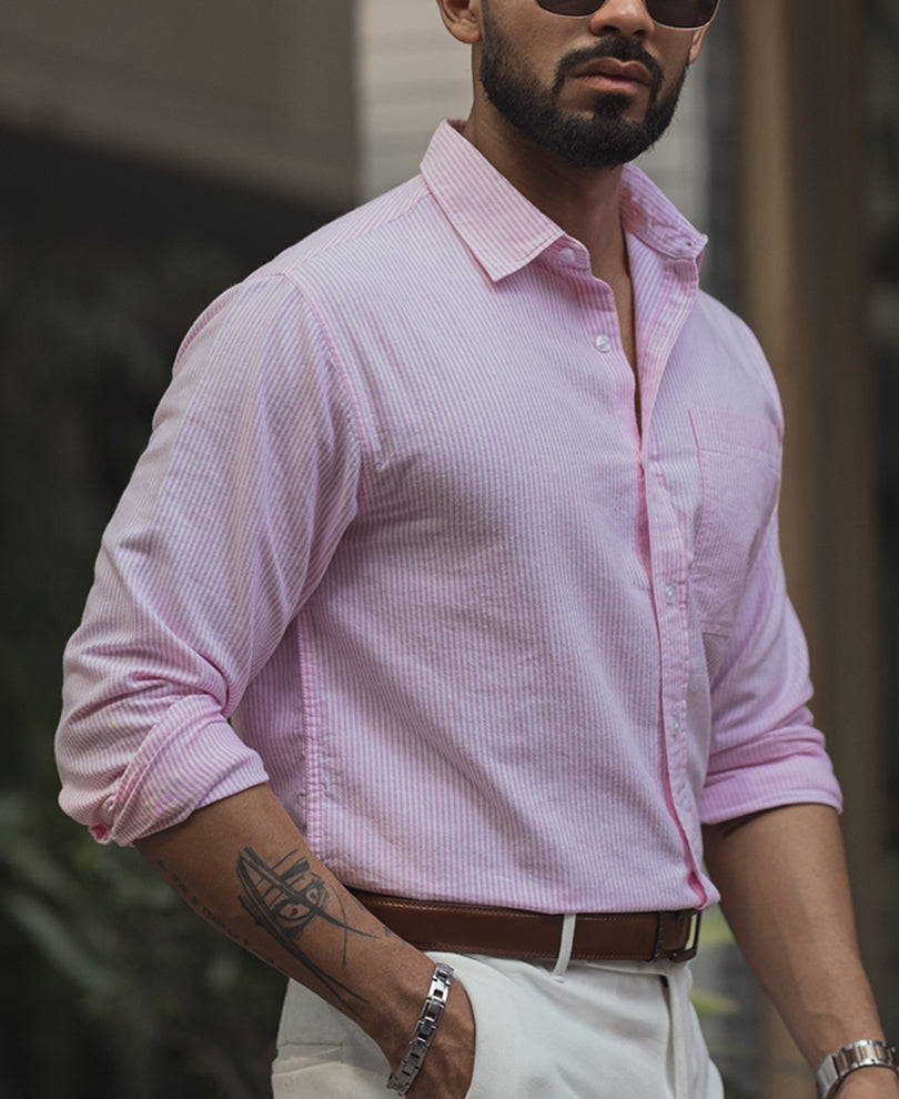 Pink Striped Regular Fit Full Sleeve Shirt