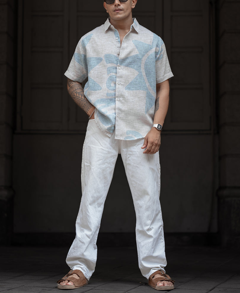 Light Blue And Beige Regular Fit Half Sleeves Shirt
