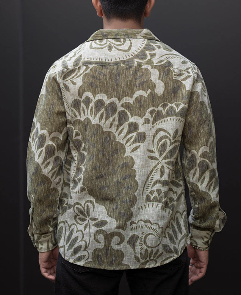 Olive Printed Regular Fit Full Sleeves Shirt
