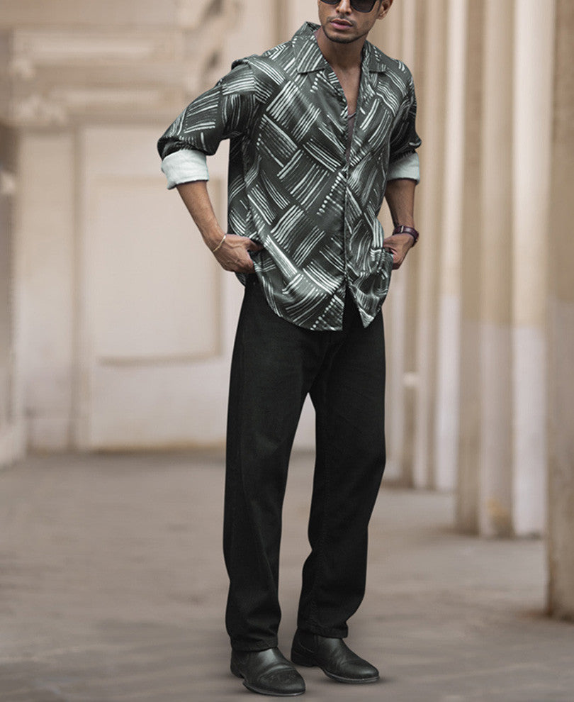 Dark Grey Printed Regular Fit Full Sleeve Cuban Collar Shirt