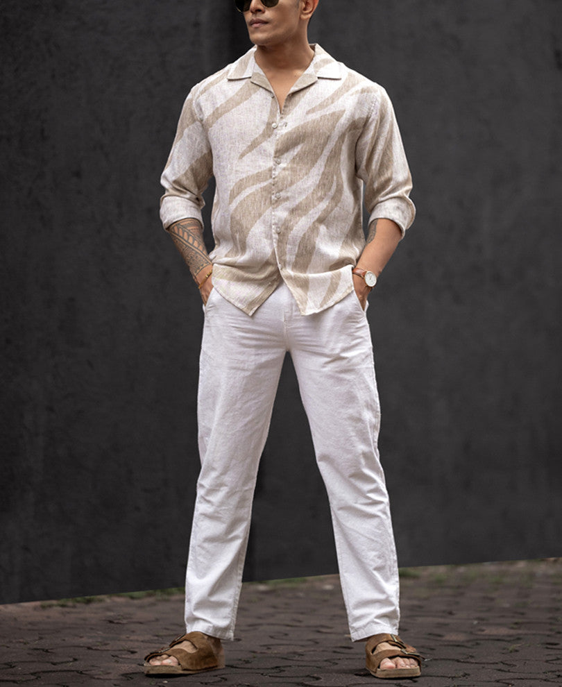 Beige Flame Design Regular Fit Full Sleeves Shirt