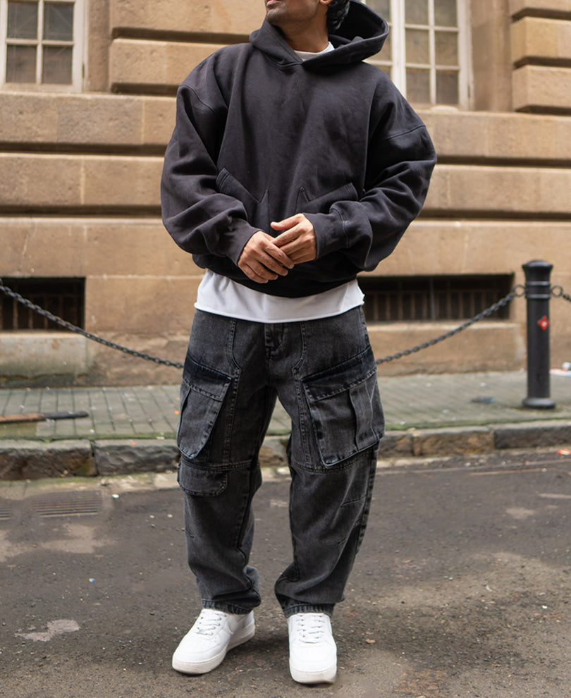 Carbon Black Baggy Fit Cargo Denim with pockets