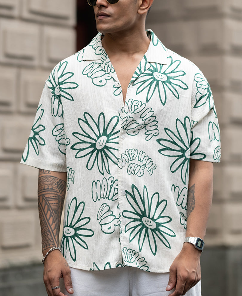 Green Printed Oversized Half Sleeve Cuban Collar Shirt