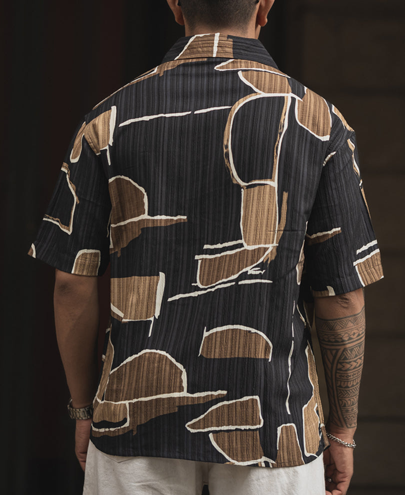 Black and Beige Printed Oversized Half Sleeve Cuban Collar Shirt