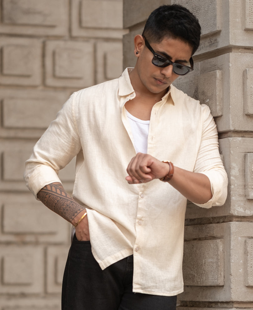 Cream Cotton Linen Regular Fit Full Sleeves Shirt