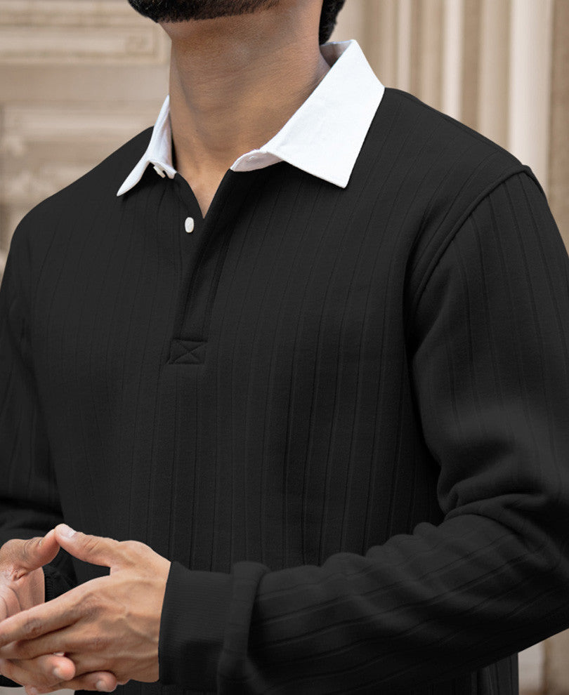 Black Regular Fit Full Sleeves Collar T-Shirt