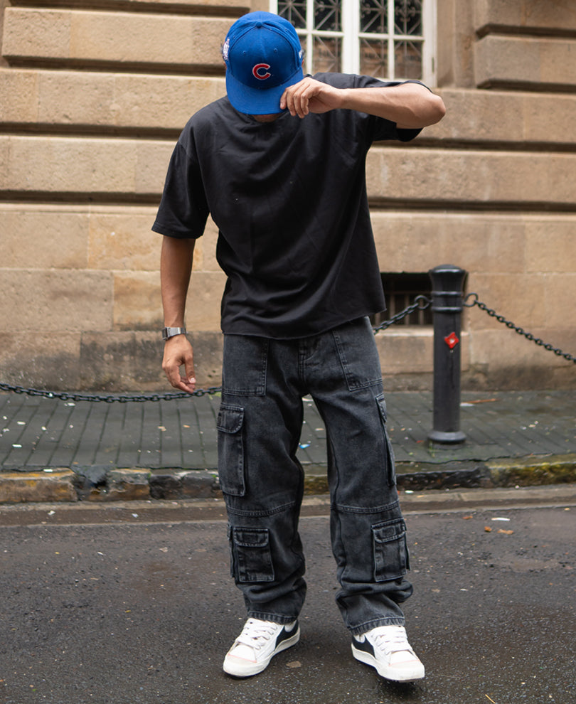 Charcoal Black Multi Pockets Baggy Fit Denim Jeans