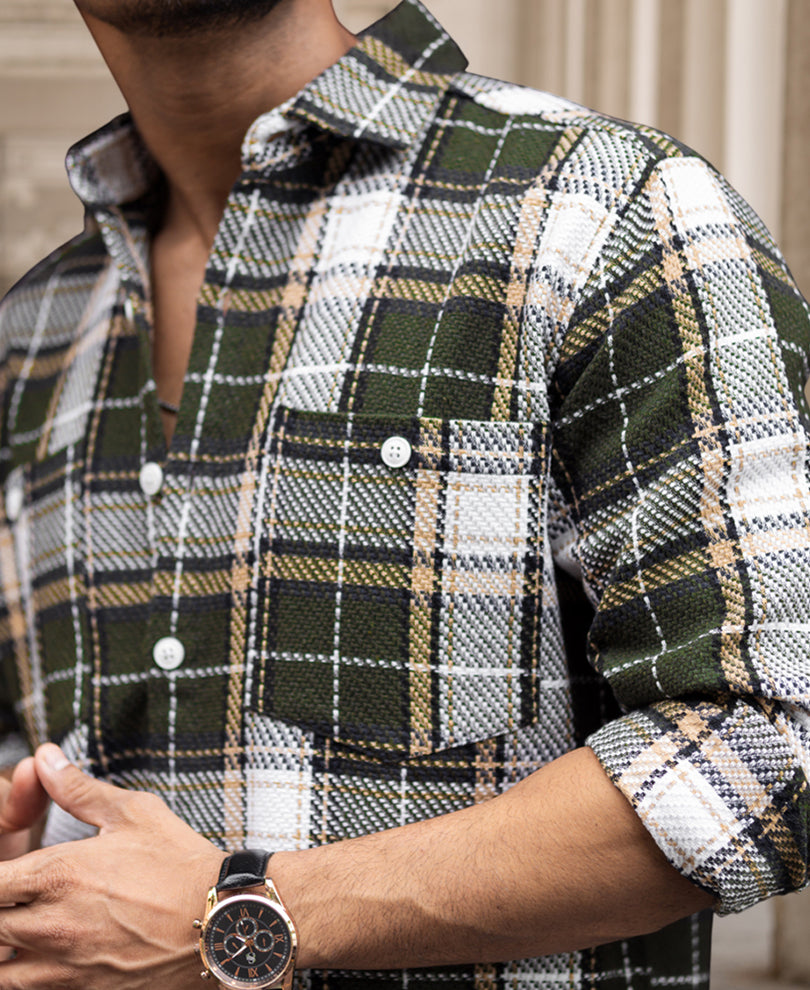 Olive Green Checked Regular Fit Full Sleeves Shirt