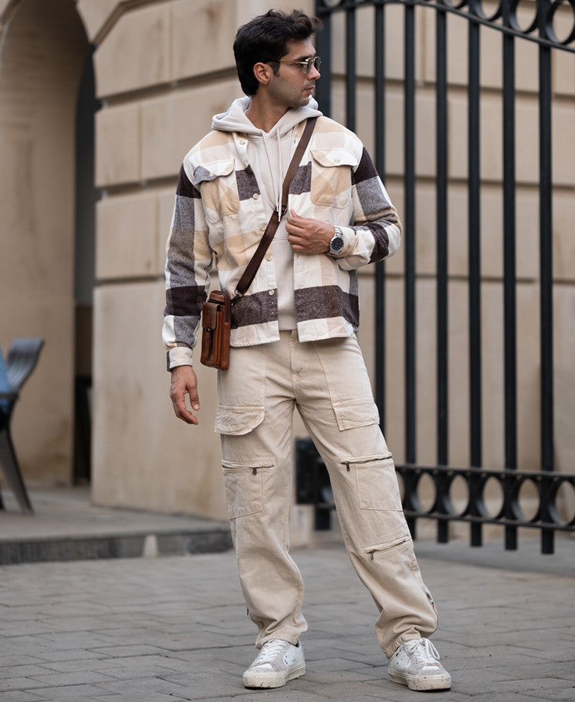 Beige Baggy Fit Denim Cargo with Pockets