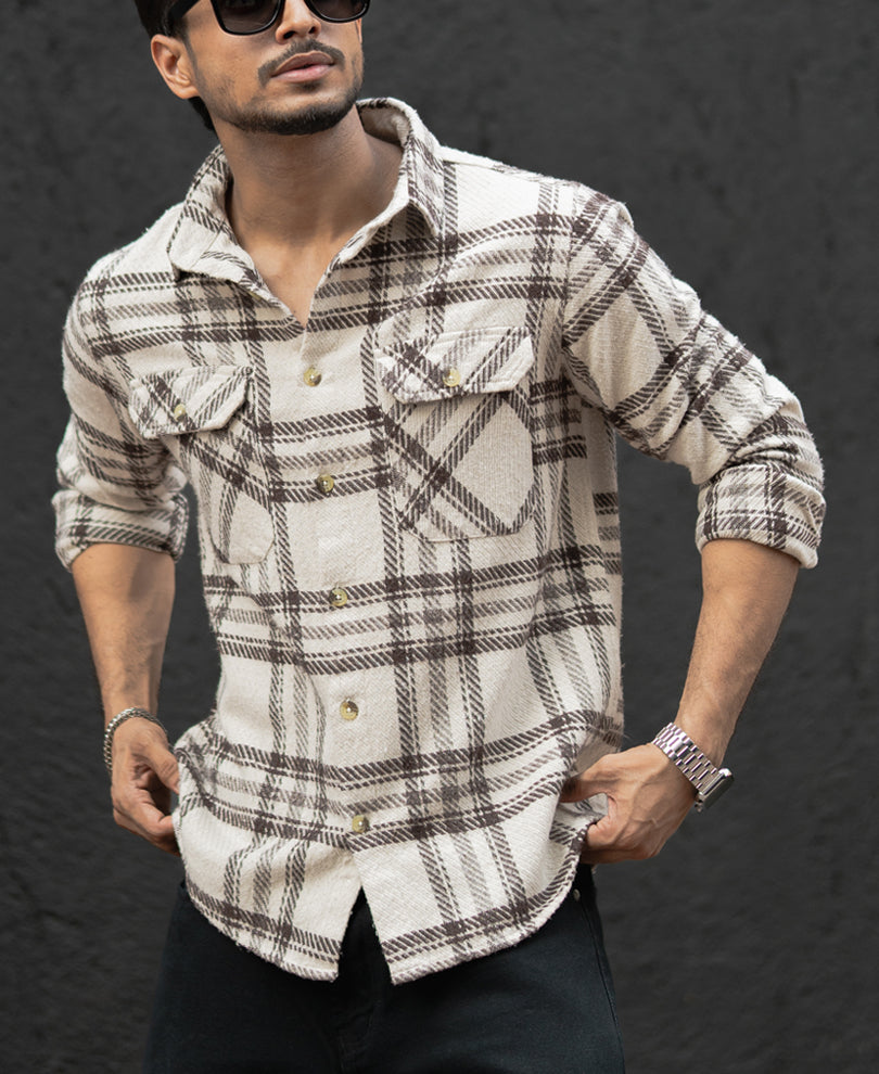 Off-White And Brown Regular Fit Full Sleeves Shirt