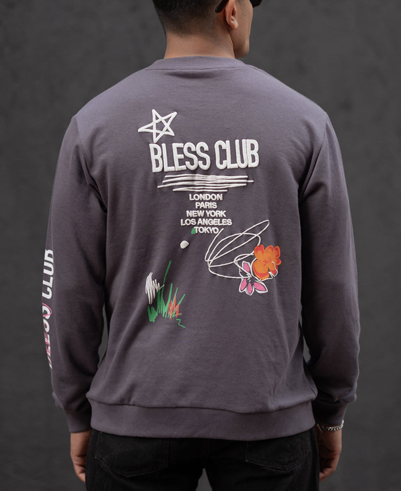 Grey Bless Club Print Oversized Full Sleeves T-Shirt