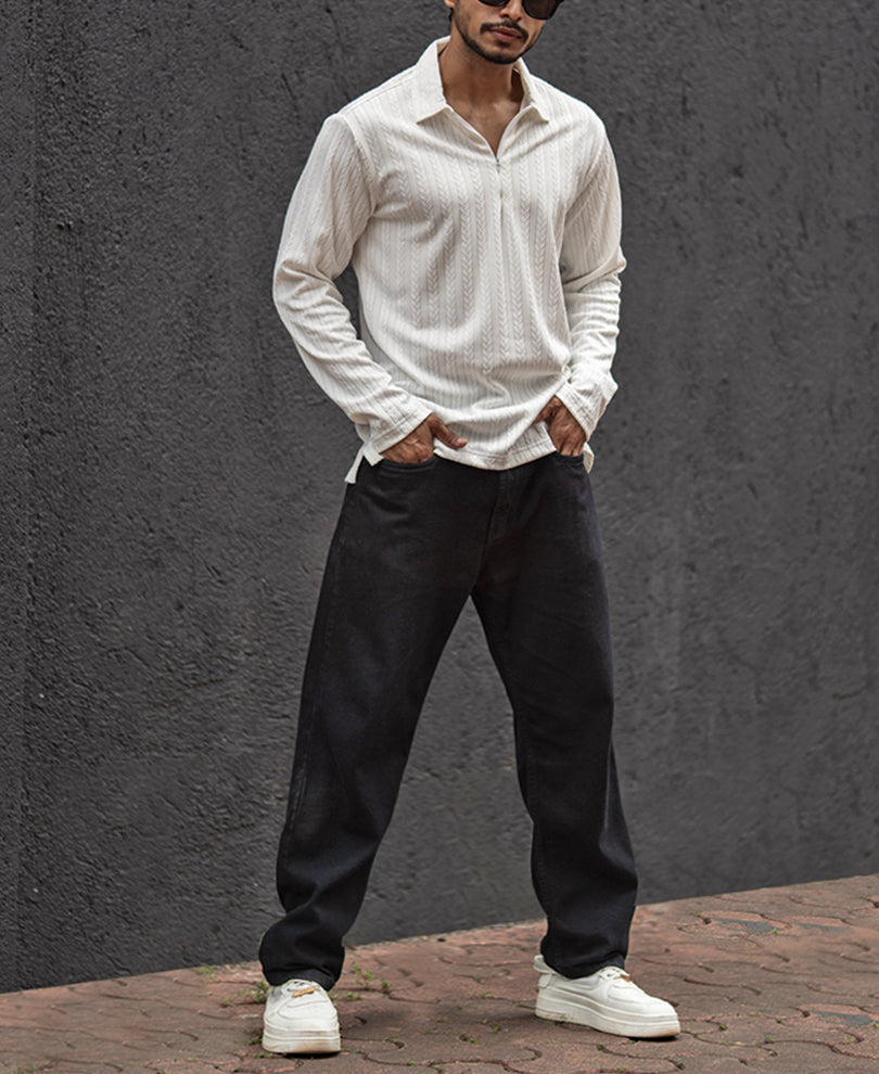 White Structured Regular Fit T-Shirt With Zip