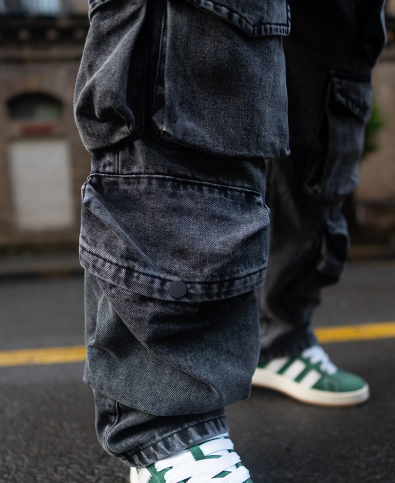 Carbon Black Baggy Fit Cargo Pockets Denim Jeans