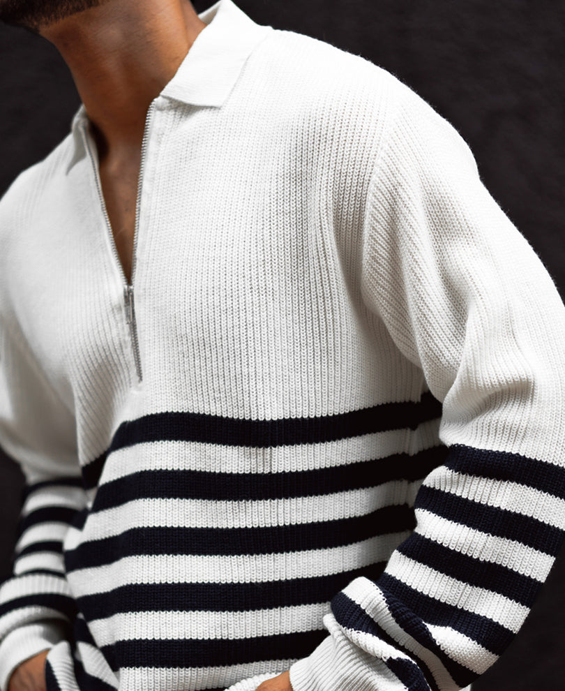 Off-White And Blue Regular Fit Full Sleeves Zip Sweatshirt