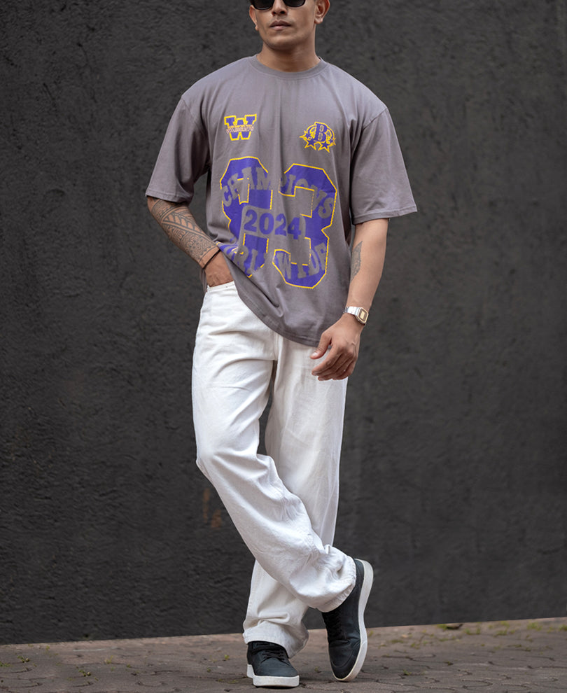 Grey 83 Print Oversized Half Sleeves T-Shirt