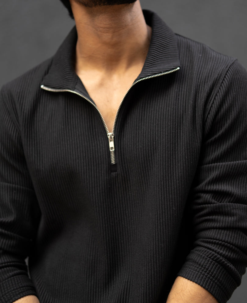 Black Structured Full Sleeves Regular Fit T-Shirt