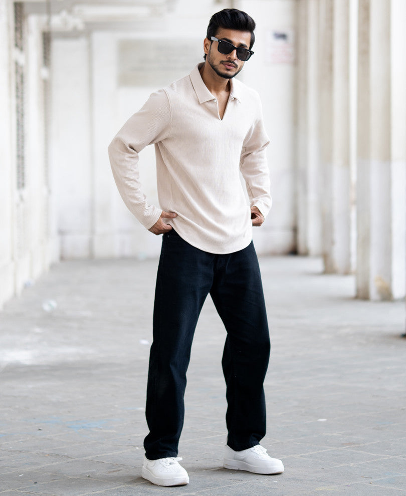 Beige Corduroy Regular Fit Full Sleeves Shirt