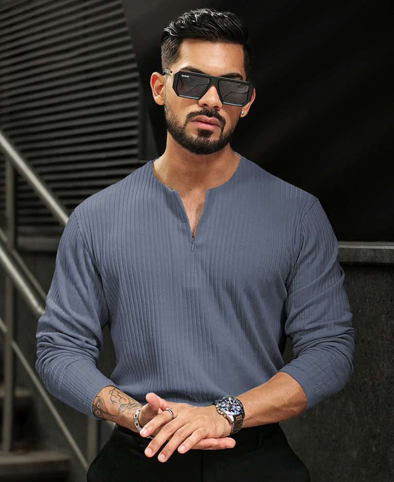 Grey Structured Full Sleeves Regular Fit T-Shirt