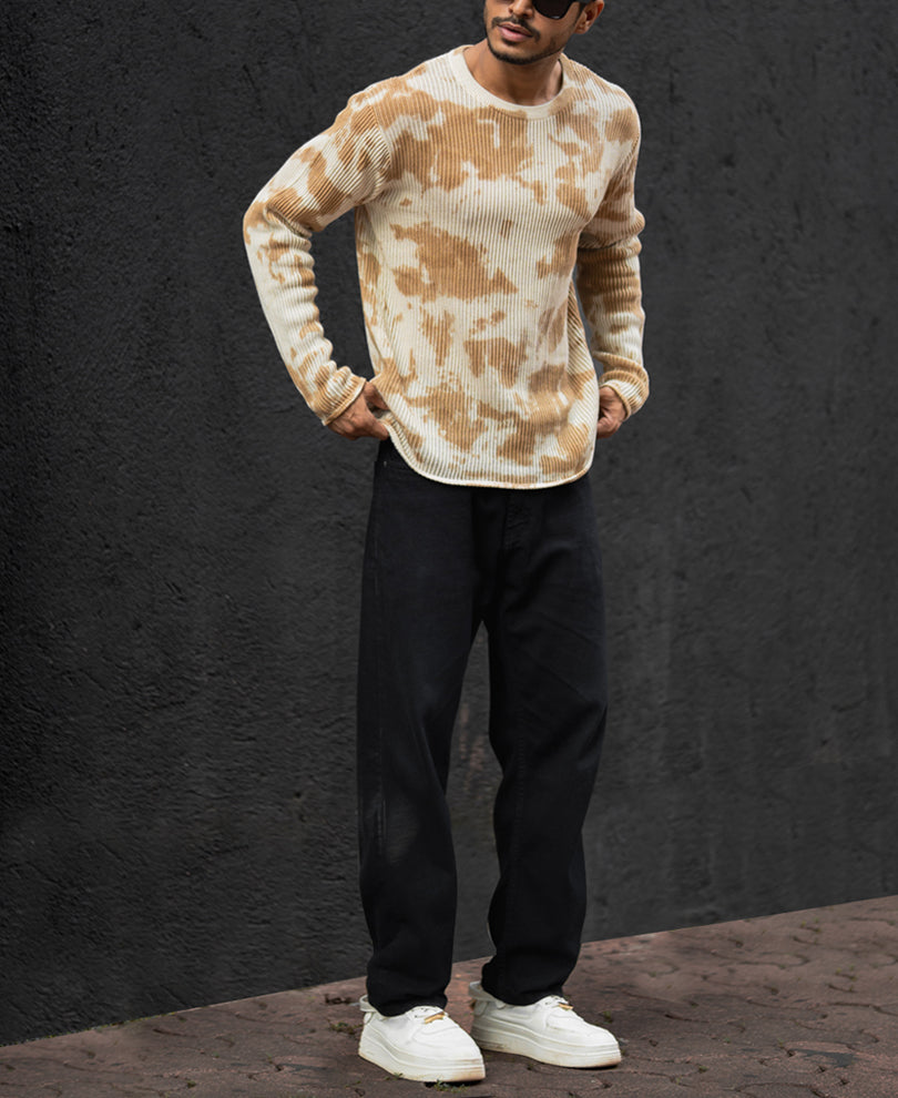 Beige Knits Regular Fit Full Sleeves T-Shirt