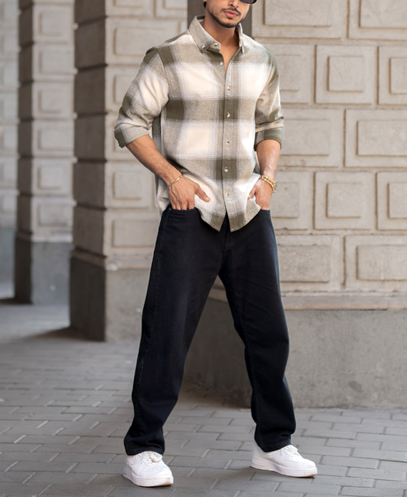 Olive And Off-White Regular Fit Full Sleeves Shirt