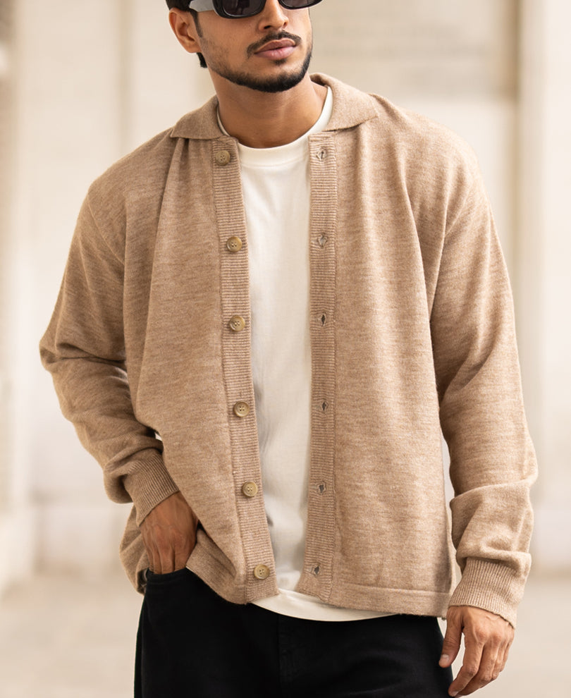 Beige Regular Fit Full Sleeves Woolen Shirt