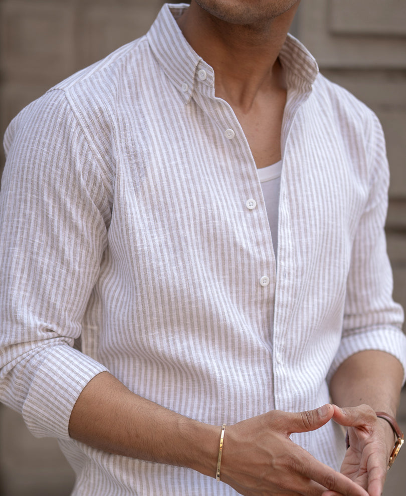 Beige Striped Regular Fit Full Sleeves Shirt