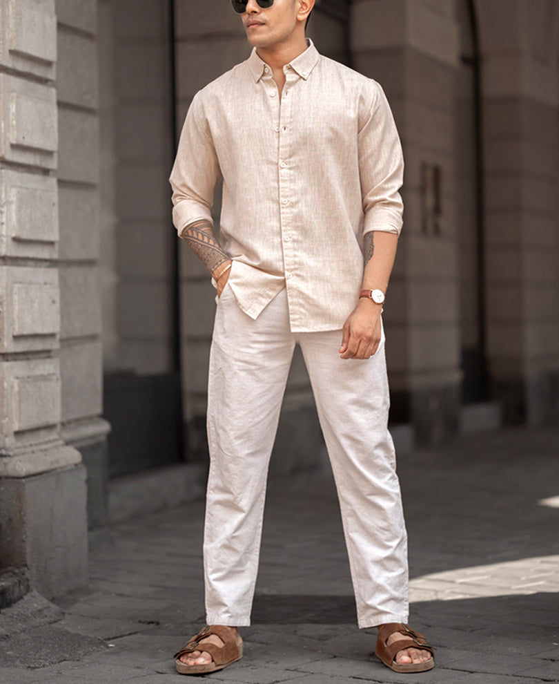 Beige Plain Full Sleeves Regular Fit Shirt