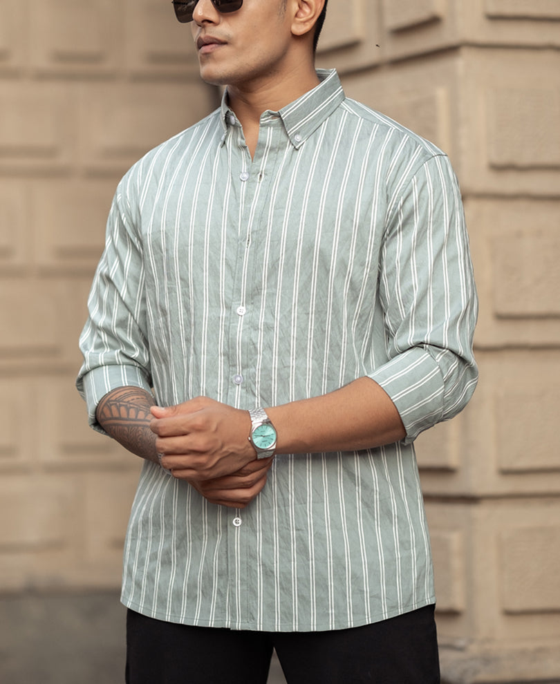 Green Stripes Regular Fit Full Sleeves Shirt